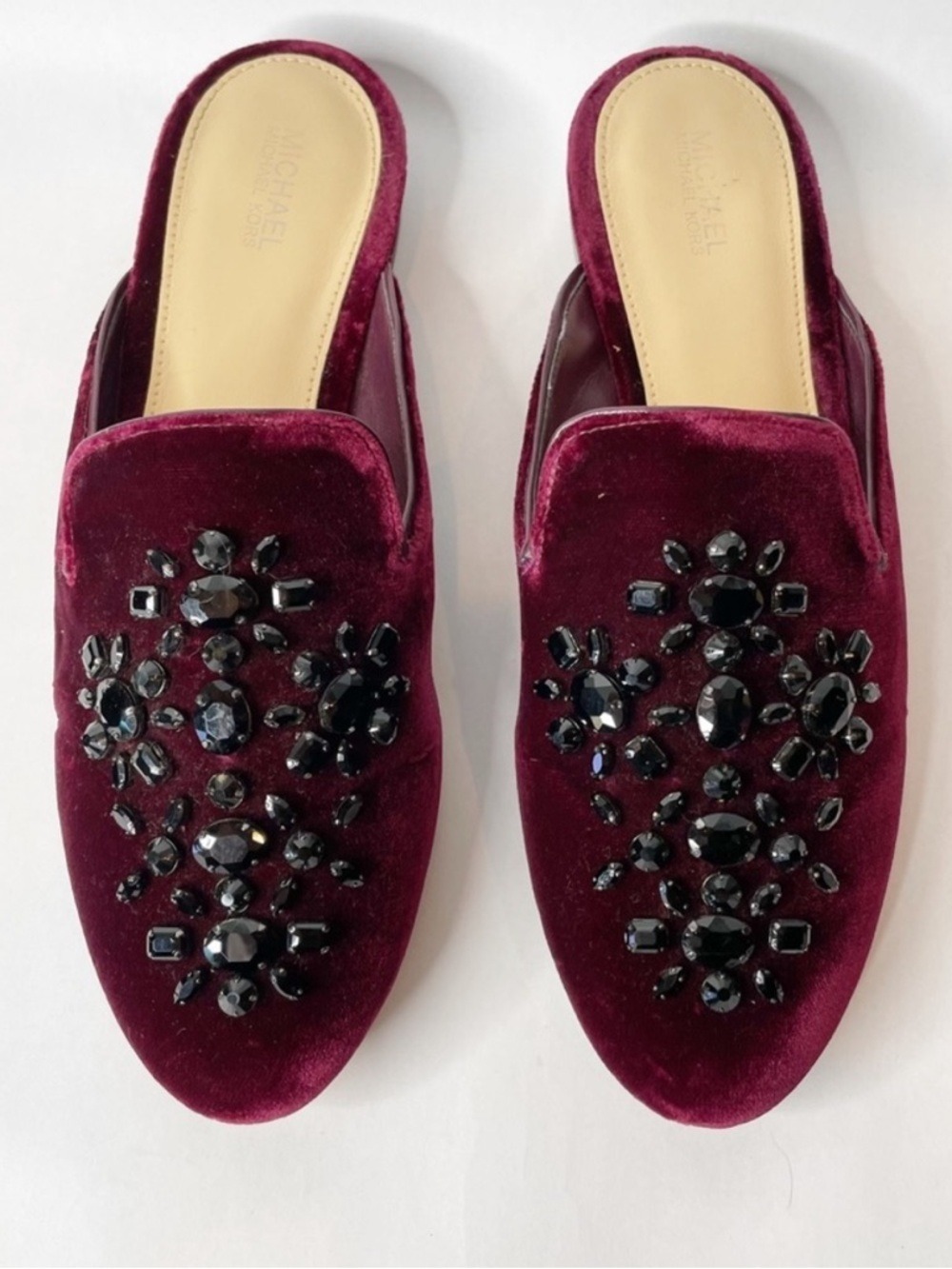 Michael Kors Womens 7.5 Shoes Edie Embellished Velvet Slide Slip-Ons Burgundy - Picture 1 of 14